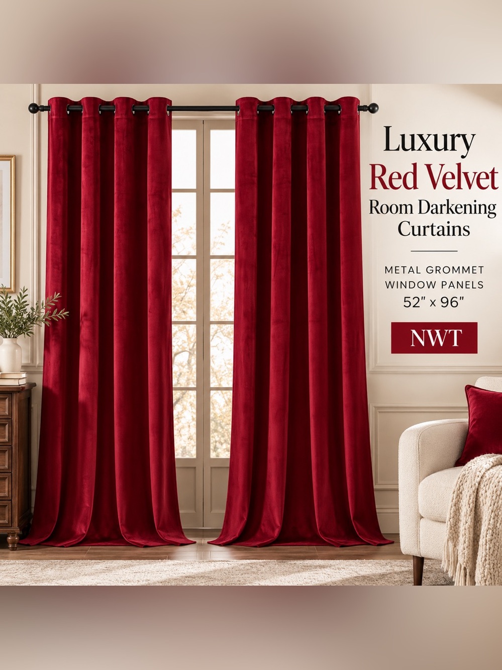 Luxury Red Velvet Room Darkening Curtains Metal Grommet Window Panels 52x96”